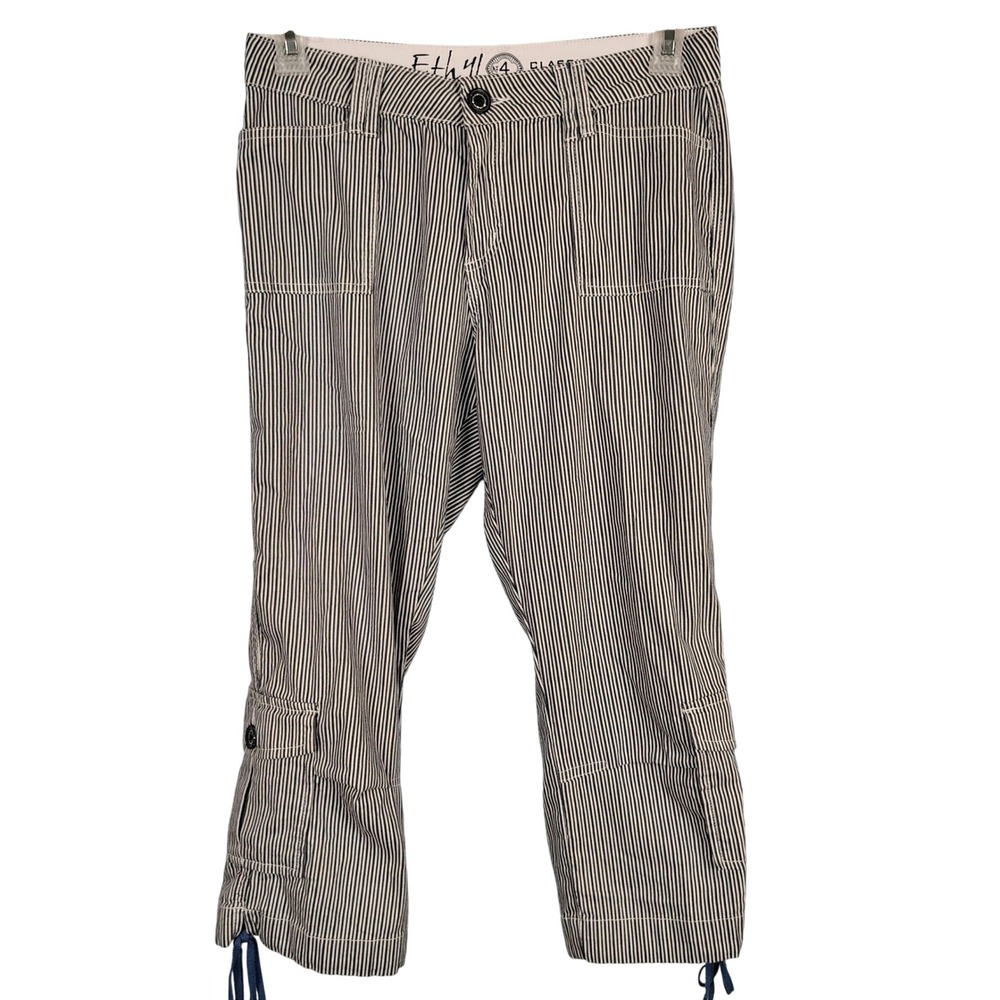 Ethyl Womens SZ 4 Hickory Stripe Cargo Capri Pants Blue White Cotton Gorpcore